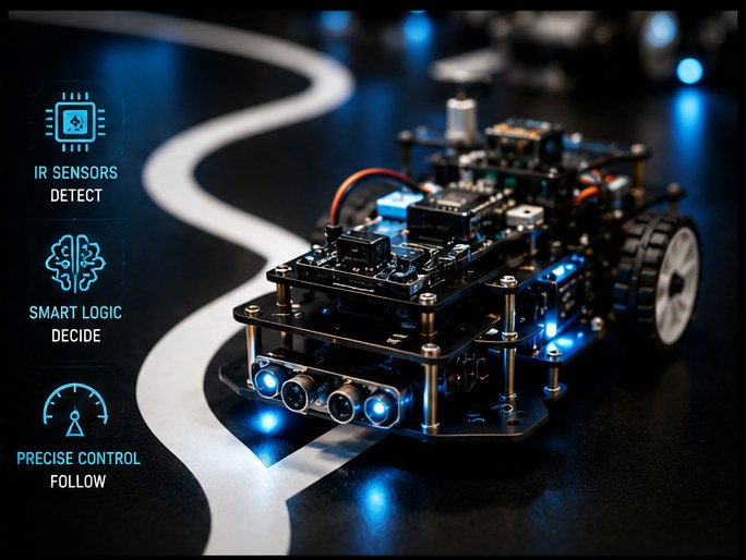 Line follower robot with IR sensors following a white curved track