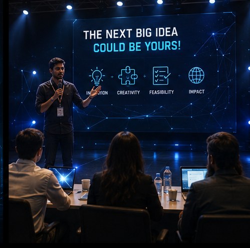 Student pitching an idea on stage to a judging panel