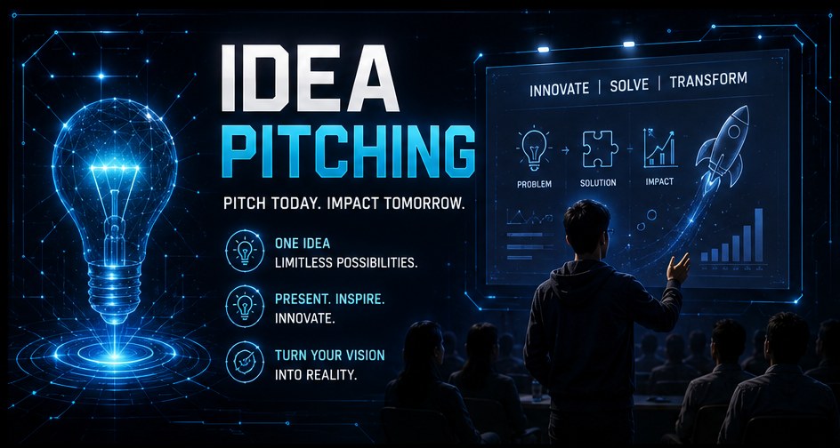 Idea Pitching title graphic with a glowing digital bulb