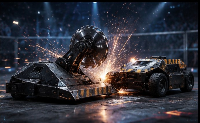 Two battle robots clashing with sparks inside an arena
