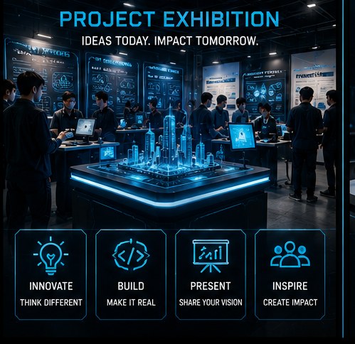 Students presenting projects at a technology exhibition