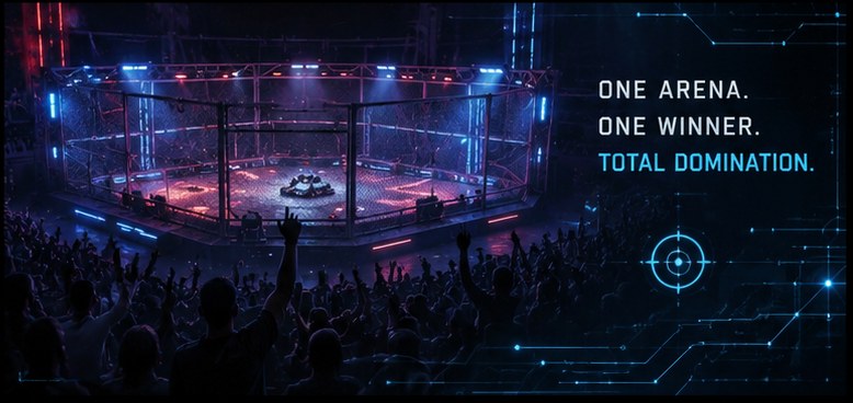 Caged robot combat arena surrounded by a cheering crowd