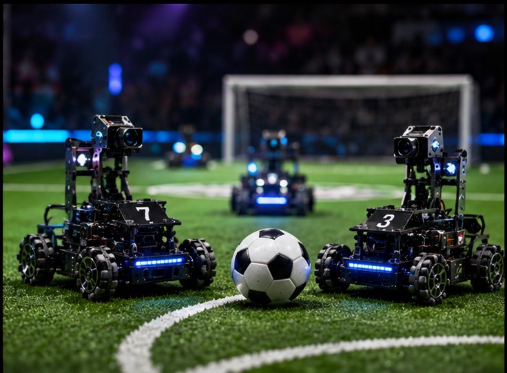 Robotic football players lined up around a ball on green turf