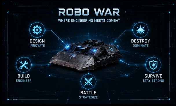 Diagram of the Robo War design, build, battle and survive stages
