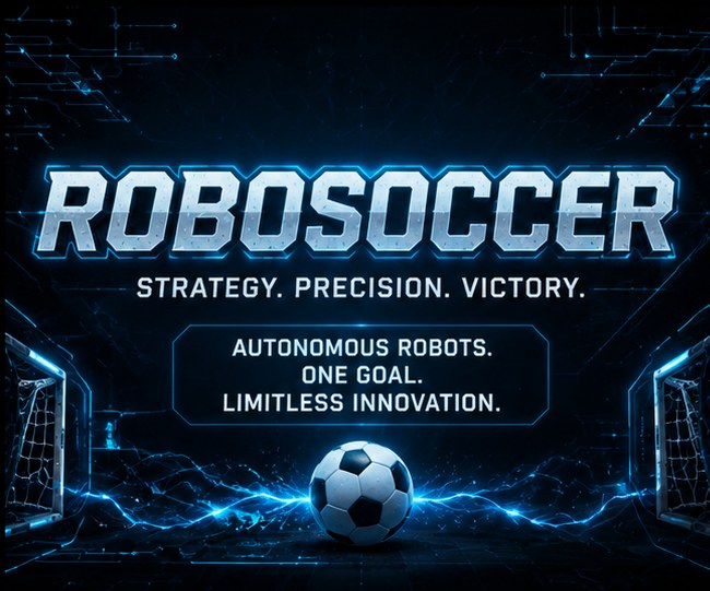 Robosoccer title graphic with a glowing football and goals
