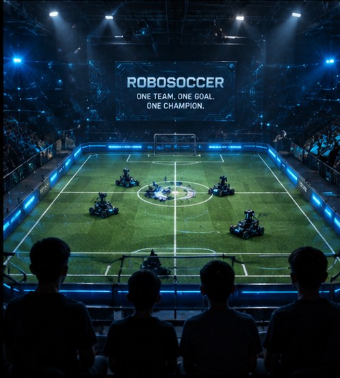 Robosoccer arena viewed from the stands with spectators