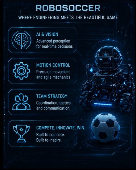 Panel of Robosoccer focus areas: AI vision, motion, strategy