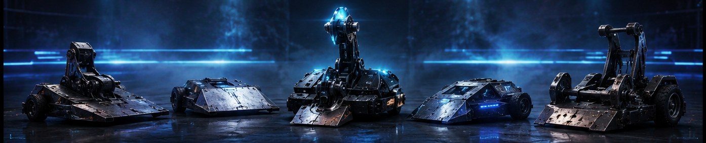 Line-up of five armoured combat robots on an arena floor