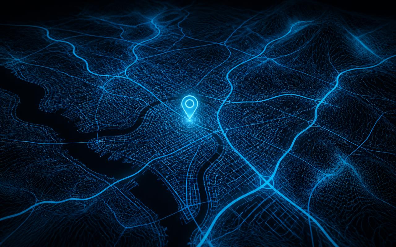 Abstract futuristic map graphic with a glowing location marker